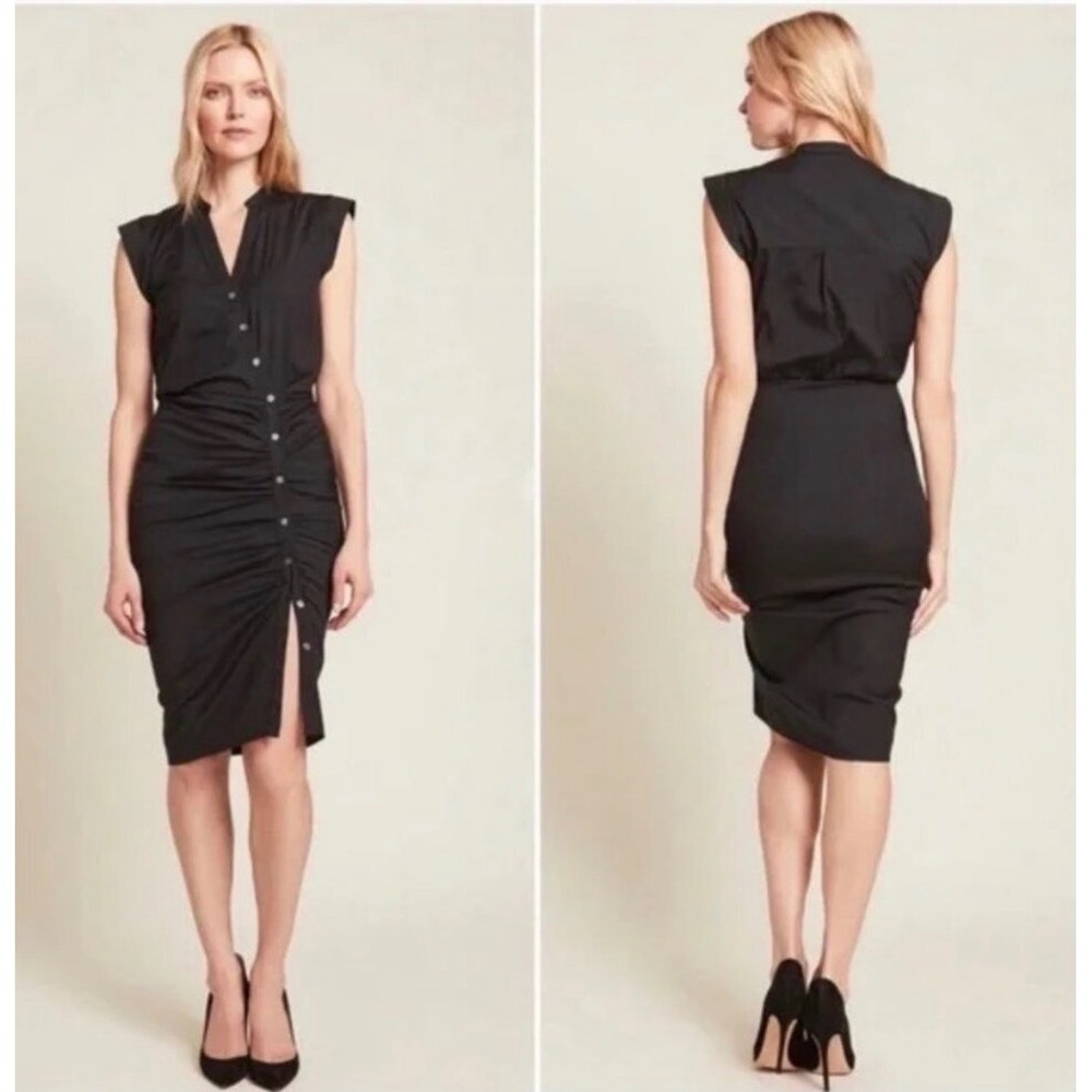 Veronica Beard Ruched Poplin Shirtdress Women 0 Black Cotton Asymmetric Midi - Picture 4 of 14